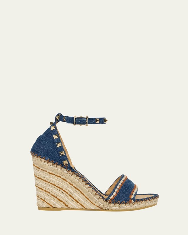 Rockstud Denim Wedge Espadrille Sandals